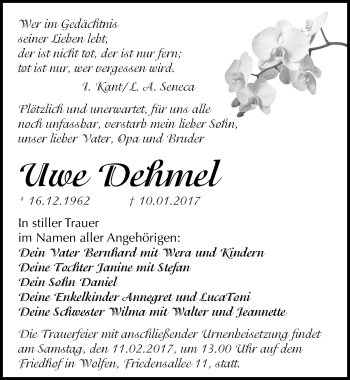 Traueranzeige von Uwe Dehmel von Mitteldeutsche Zeitung Bitterfeld