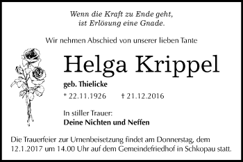 Traueranzeige von Helga Krippel von WVG - Wochenspiegel Merseburg