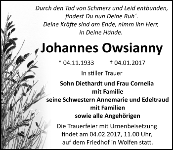 Traueranzeige von Johannes Owsianny von Mitteldeutsche Zeitung Bitterfeld