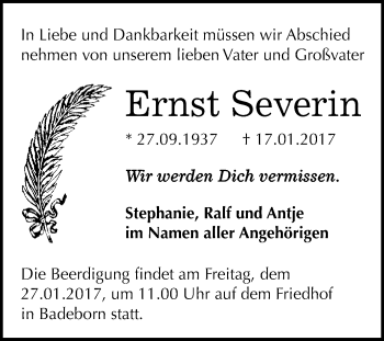 Traueranzeige von Ernst Severin von WVG - Wochenspiegel Quedlinburg