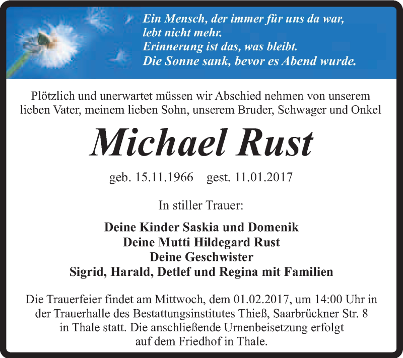  Traueranzeige für Michael Rust vom 21.01.2017 aus Super Sonntag Quedlinburg