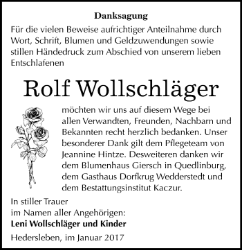 Traueranzeige von Rolf Wollschläger von Mitteldeutsche Zeitung Quedlinburg
