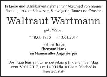 Traueranzeige von Waltraut Wartmann von Super Sonntag Bernburg