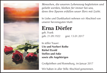 Traueranzeige von Erna Dörfer von Mitteldeutsche Zeitung Zeitz