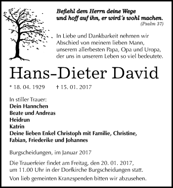 Traueranzeige von Hans Dieter David von Mitteldeutsche Zeitung Naumburg/Nebra
