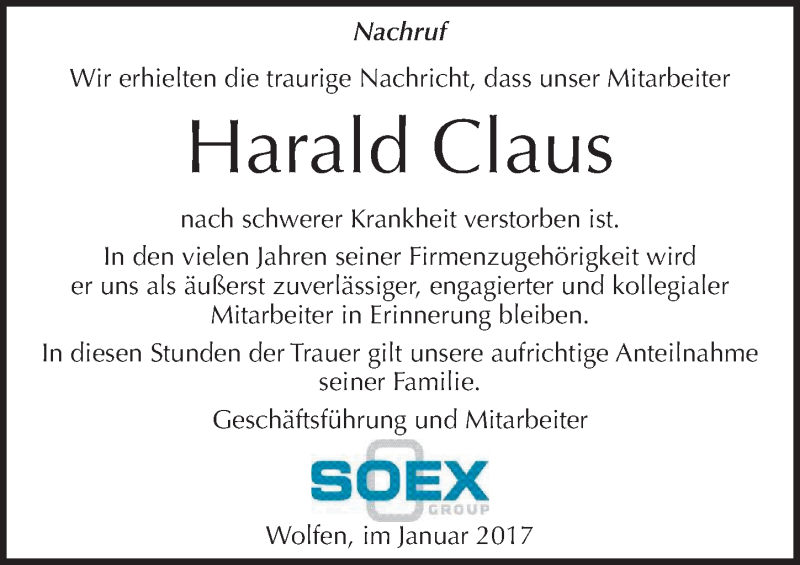  Traueranzeige für Harald Claus vom 07.01.2017 aus Mitteldeutsche Zeitung Bitterfeld