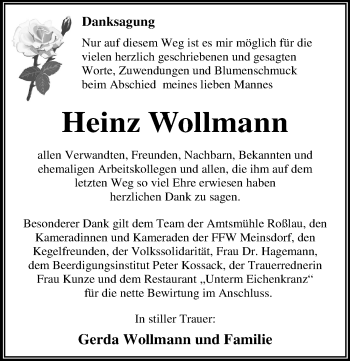 Traueranzeige von Heinz Wollmann von Mitteldeutsche Zeitung Dessau-Roßlau