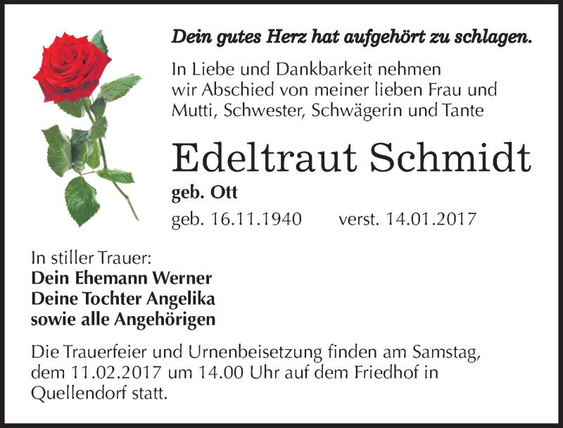  Traueranzeige für Edeltraut Schmidt vom 19.01.2017 aus Mitteldeutsche Zeitung Köthen
