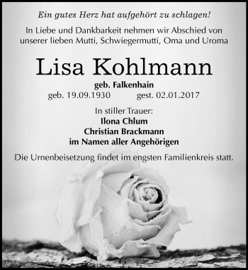 Traueranzeige von Lisa Kohlmann von Mitteldeutsche Zeitung Bitterfeld