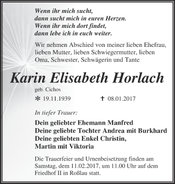 Traueranzeige von Karin Elisabeth Horlach von WVG - Wochenspiegel Dessau / Köthen