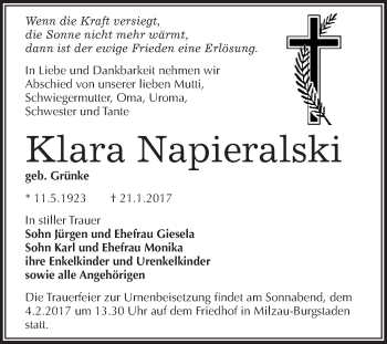 Traueranzeige von Klara Napieralski von Super Sonntag Halle