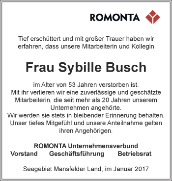 Traueranzeige von Sybille Busch von Super Sonntag SGH Mansf. Land