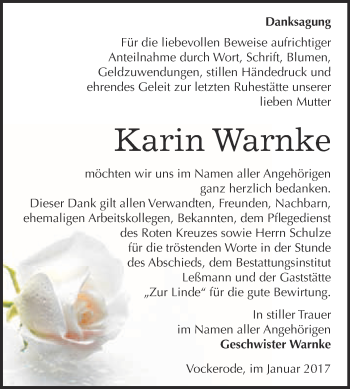 Traueranzeige von Karin Warnke von Super Sonntag Wittenberg