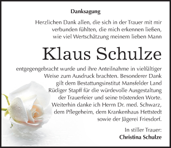Traueranzeige von Klaus Schulze von Mitteldeutsche Zeitung Mansfelder Land