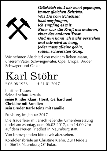 Traueranzeige von Karl Stöhr von Mitteldeutsche Zeitung Naumburg/Nebra
