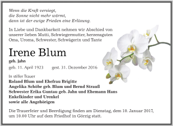 Traueranzeige von Irene Blum von WVG - Wochenspiegel Dessau / Köthen