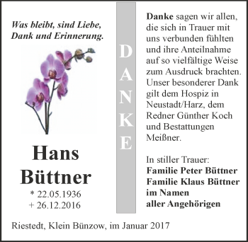Traueranzeige von Hans Büttner von Mitteldeutsche Zeitung Sangerhausen