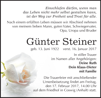Traueranzeige von Günter Steiner von Mitteldeutsche Zeitung Wittenberg