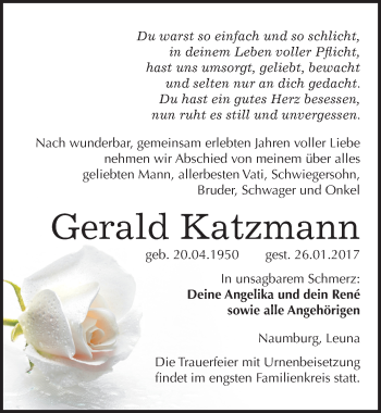 Traueranzeige von Gerald Katzmann von Mitteldeutsche Zeitung Naumburg/Nebra