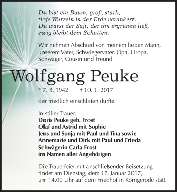 Traueranzeige von Wolfgang Peuke von Mitteldeutsche Zeitung Quedlinburg