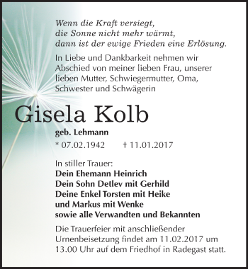 Traueranzeige von Gisela Kolb von Mitteldeutsche Zeitung Köthen