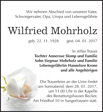 Traueranzeige von Wilfried Mohrholz von Mitteldeutsche Zeitung Sangerhausen