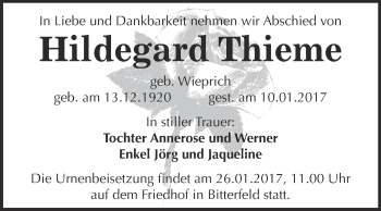 Traueranzeige von Hildegard Thieme von WVG - Wochenspiegel Bitterfeld