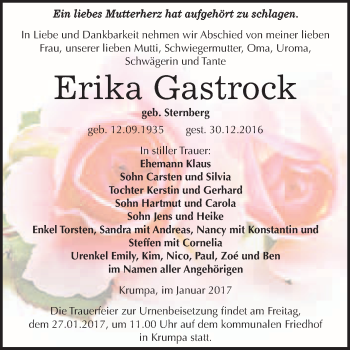 Traueranzeige von Erika Gastrock von WVG - Wochenspiegel Merseburg