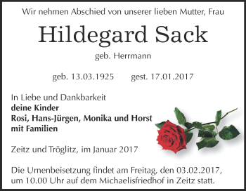 Traueranzeige von Hildegard Sack von Super Sonntag Zeitz