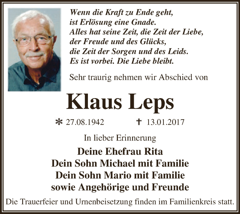  Traueranzeige für Klaus Leps vom 21.01.2017 aus WVG - Wochenspiegel Dessau / Köthen