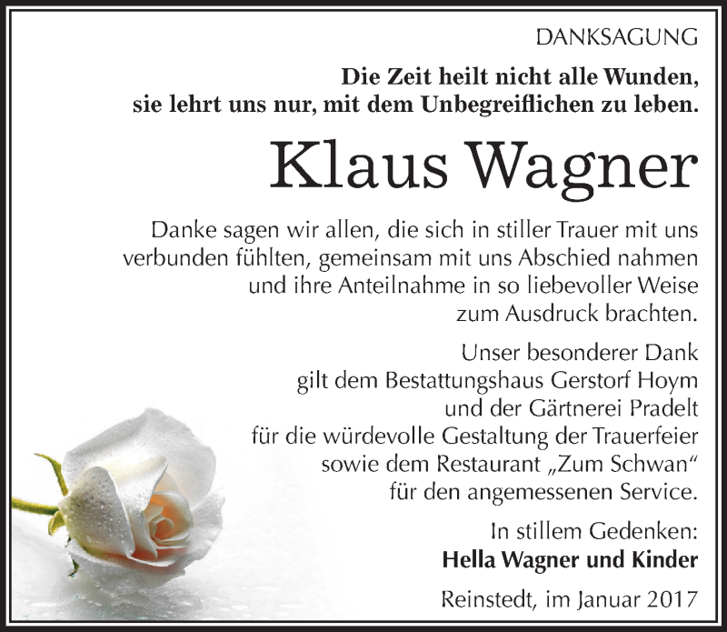  Traueranzeige für Klaus Wagner vom 28.01.2017 aus Mitteldeutsche Zeitung