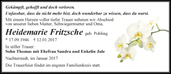 Traueranzeige von Heidemarie Fritzsche von Super Sonntag Aschersleben