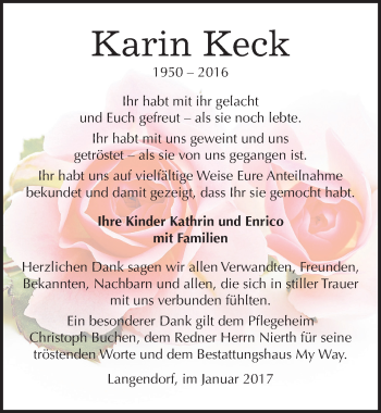 Traueranzeige von Karin Keck von Mitteldeutsche Zeitung Weißenfels
