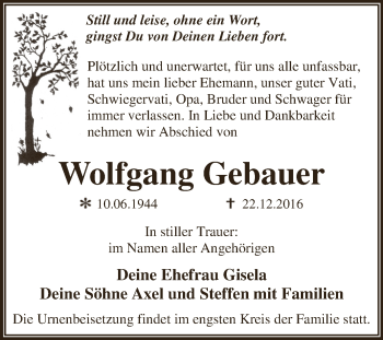 Traueranzeige von Wolfgang Gebauer von WVG - Wochenspiegel Dessau / Köthen