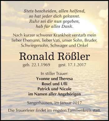 Traueranzeige von Ronald Rößler von Super Sonntag SGH Mansf. Land
