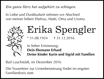 Traueranzeige von Erika Spengler von Mitteldeutsche Zeitung Merseburg/Querfurt