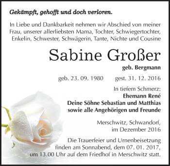 Traueranzeige von Sabine Großer von Mitteldeutsche Zeitung Wittenberg
