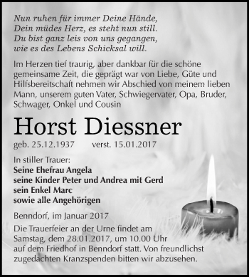 Traueranzeige von Horst Diessner von Wochenspiegel Mansfelder Land