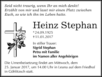Traueranzeige von Heinz Stephan von Mitteldeutsche Zeitung Merseburg/Querfurt