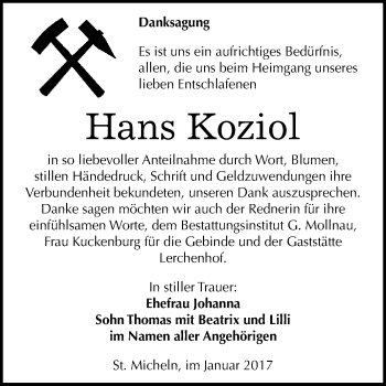 Traueranzeige von Hans Koziol von WVG - Wochenspiegel Merseburg
