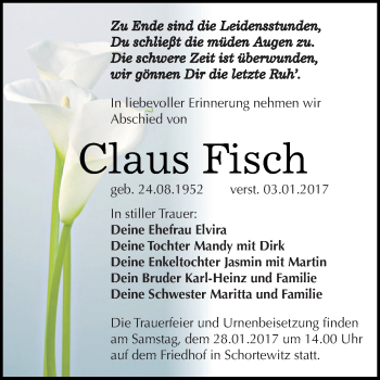 Traueranzeige von Claus Fisch von WVG - Wochenspiegel Dessau / Köthen