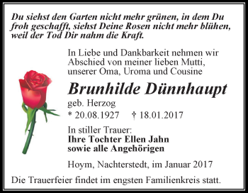 Traueranzeige von Brunhilde Dünnhaupt von Super Sonntag Aschersleben