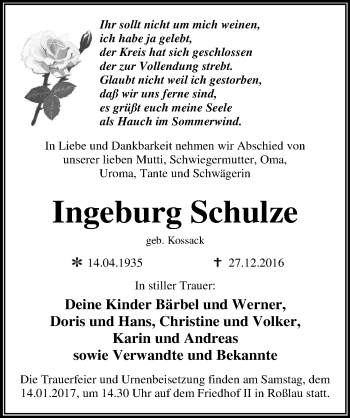 Traueranzeige von Ingeburg Schulze von Mitteldeutsche Zeitung Dessau-Roßlau