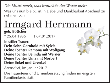 Traueranzeige von Irmgard Herrmann von Mitteldeutsche Zeitung Köthen