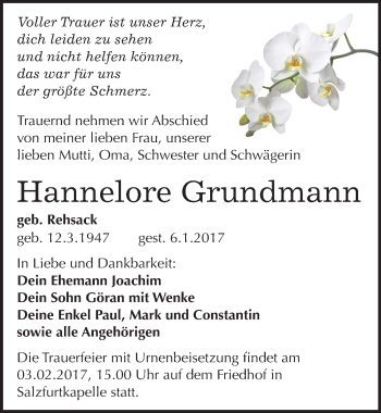 Traueranzeige von Hannelore Grundmann von Mitteldeutsche Zeitung Bitterfeld