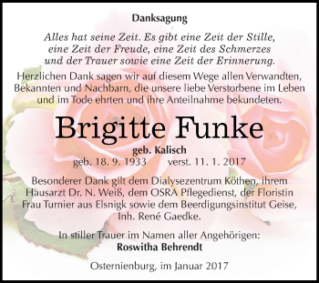 Traueranzeige von Brigitte Funke von WVG - Wochenspiegel Dessau / Köthen