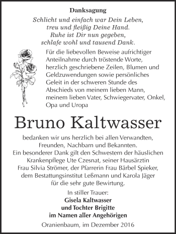 Traueranzeige von Bruno Kaltwasser von WVG - Wochenspiegel Wittenberg