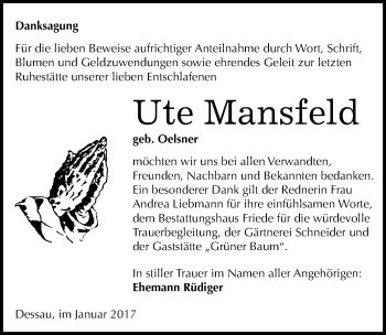 Traueranzeige von Ute Mansfeld von Mitteldeutsche Zeitung Dessau-Roßlau