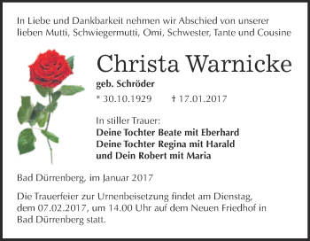 Traueranzeige von Christa Warnicke von Super Sonntag Merseburg
