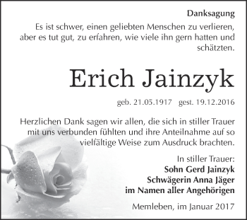 Traueranzeige von Erich Jainzyk von WVG - Wochenspiegel NMB / WSF / ZTZ